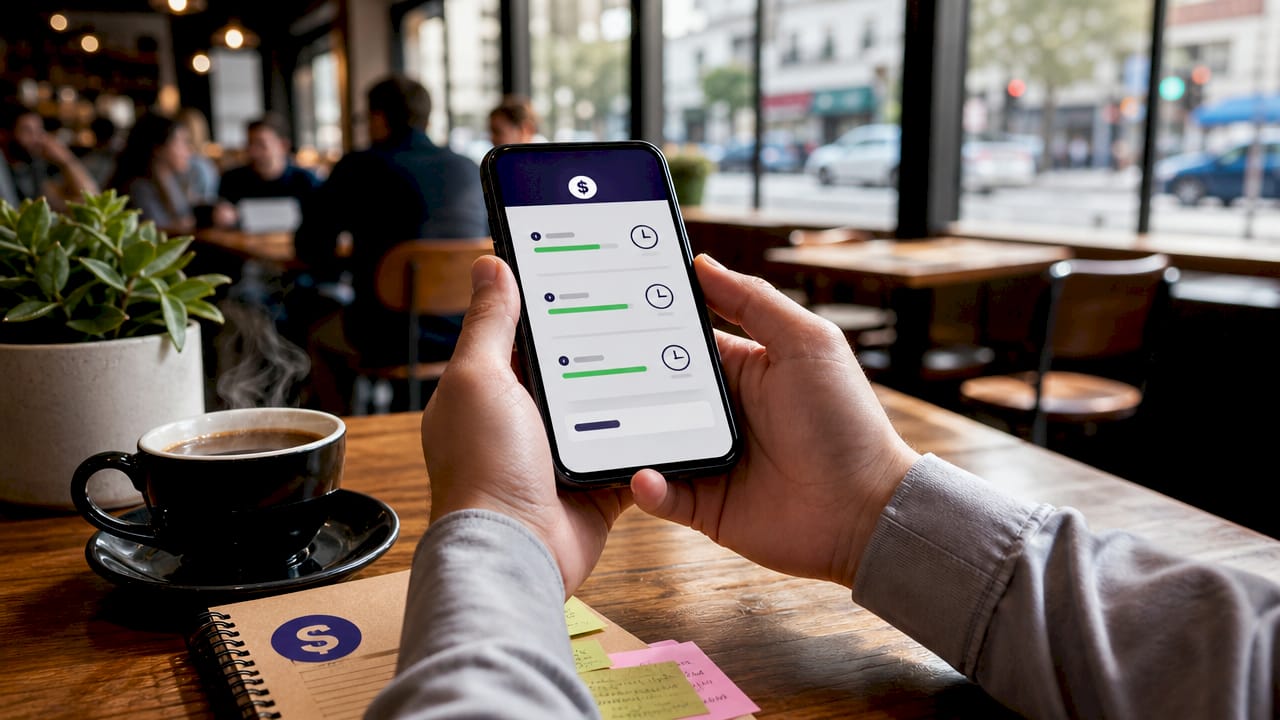 Hands holding smartphone displaying transfer tracking app