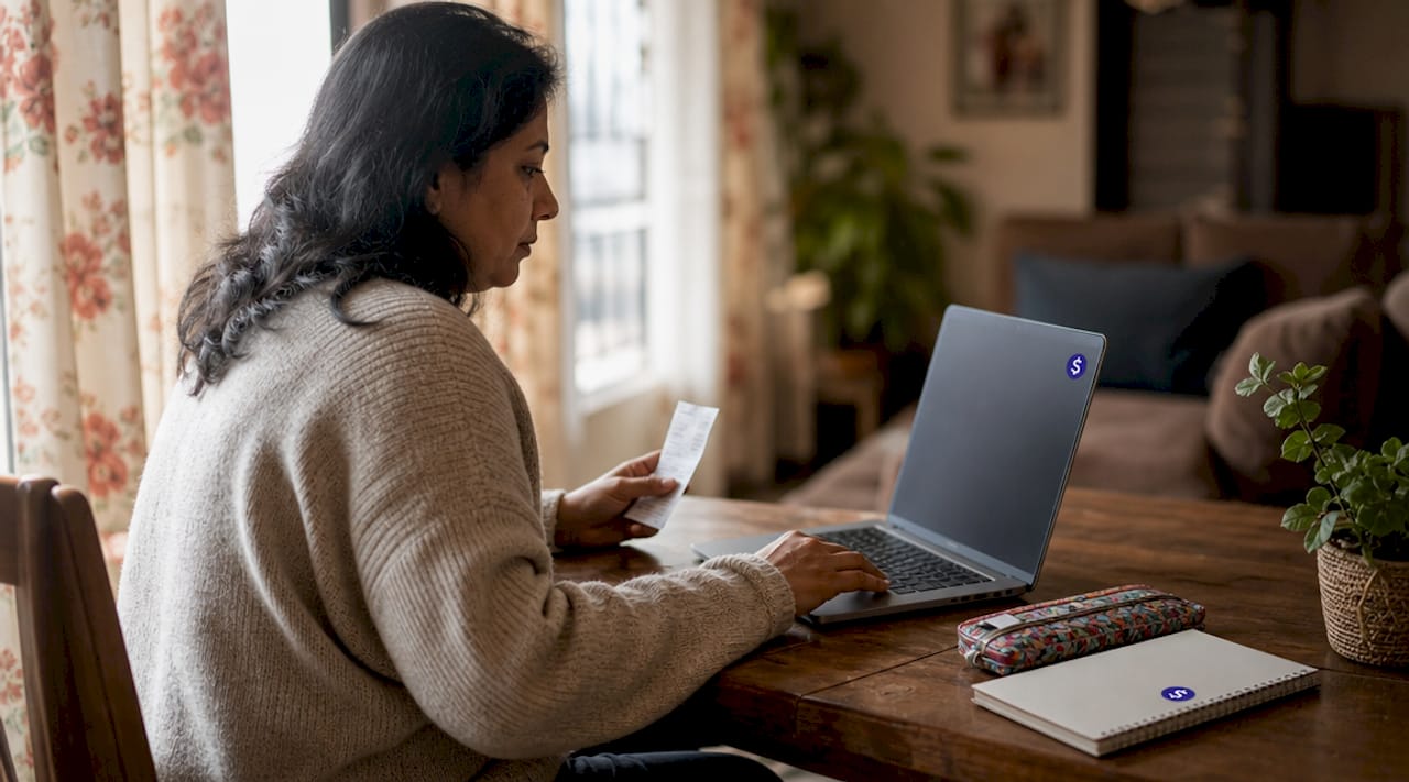 Woman tracking remittance savings at home