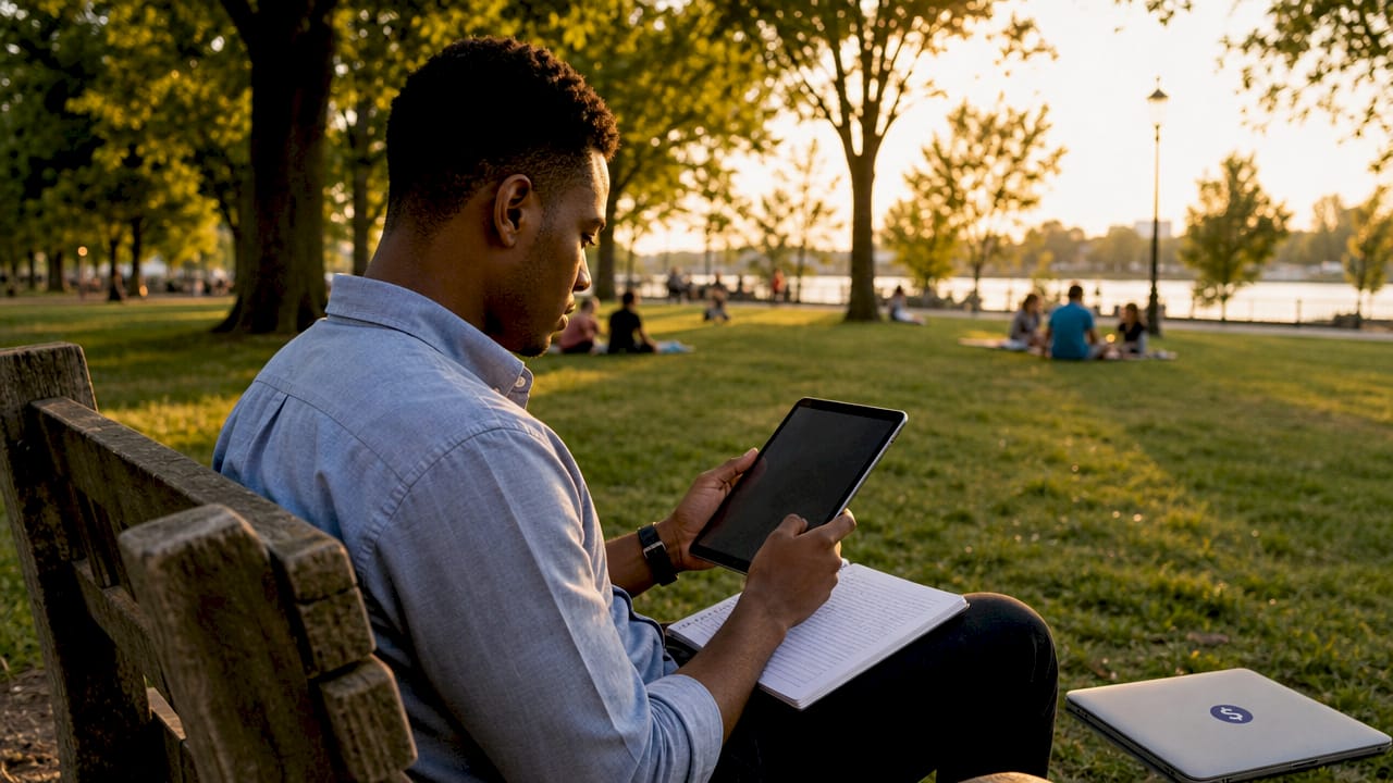 Man comparing digital remittance services in café