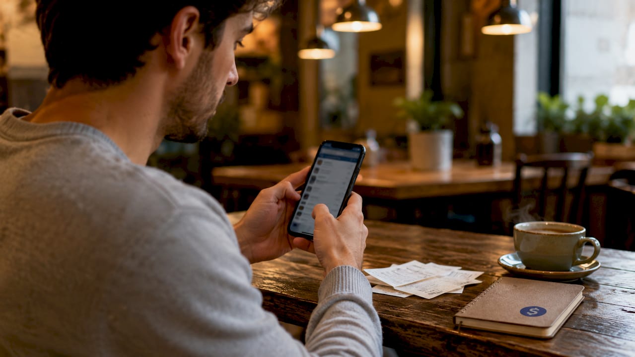 Hands holding smartphone checking exchange rates