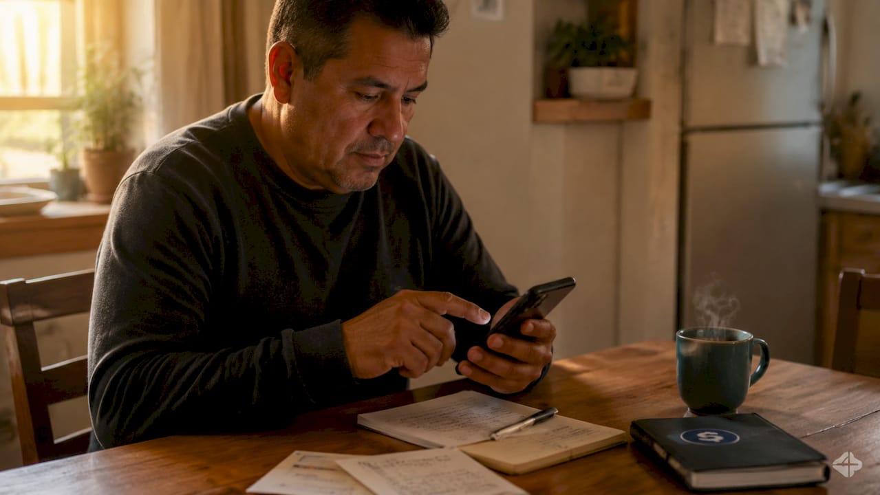 Migrant man sending remittance money via smartphone at home