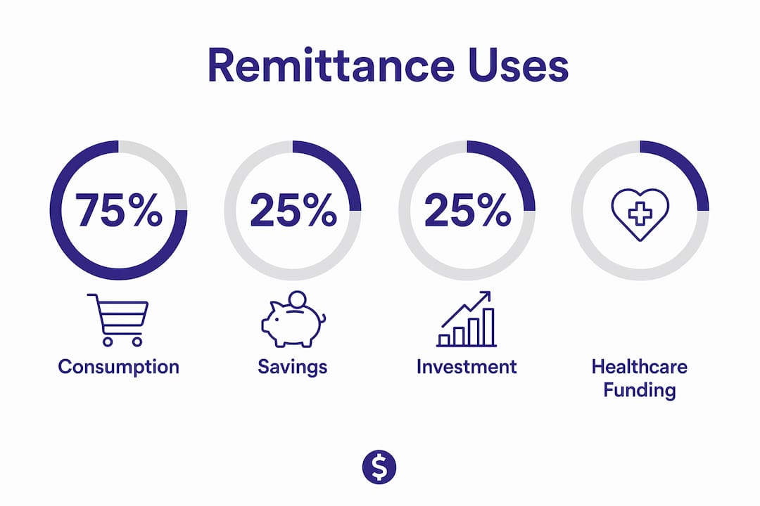 Infographic showing remittance allocation to consumption, savings, investment, and healthcare