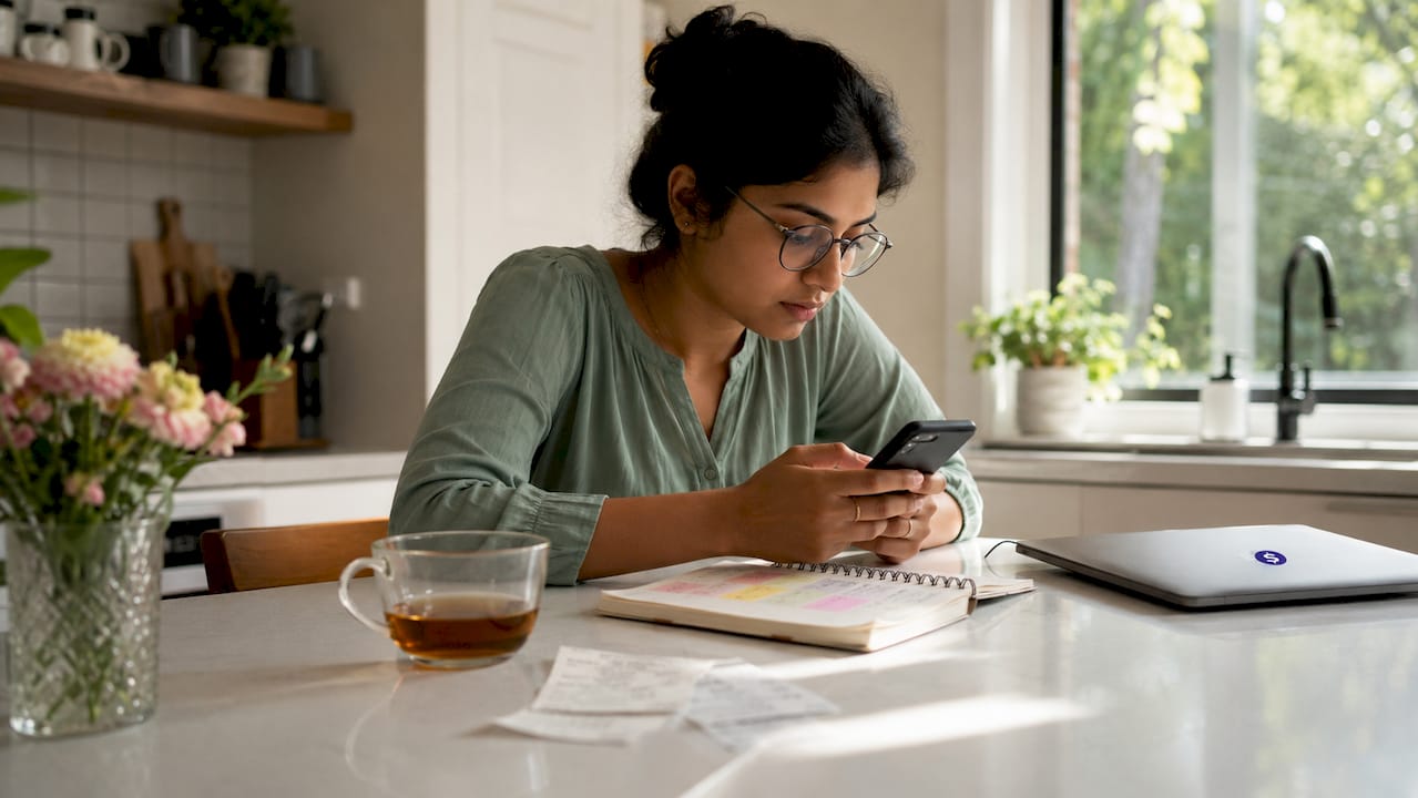 Woman measuring data transfer rate at desk