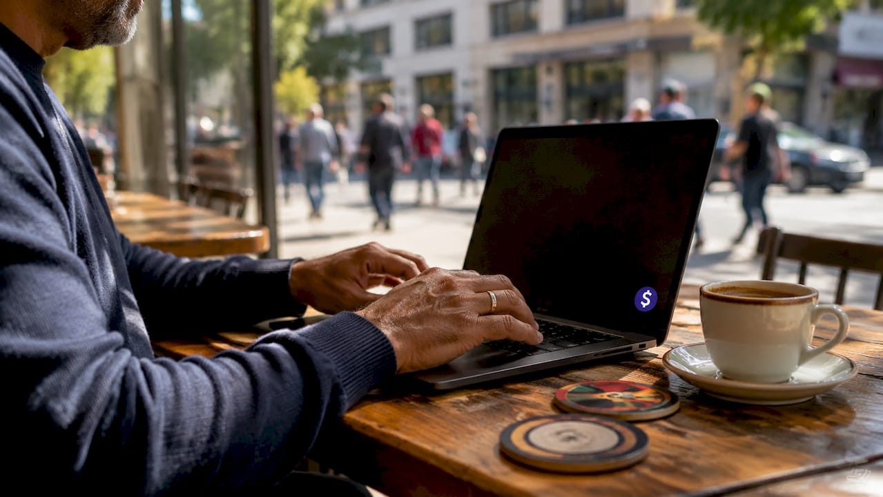 Hands typing money transfer details on laptop keyboard