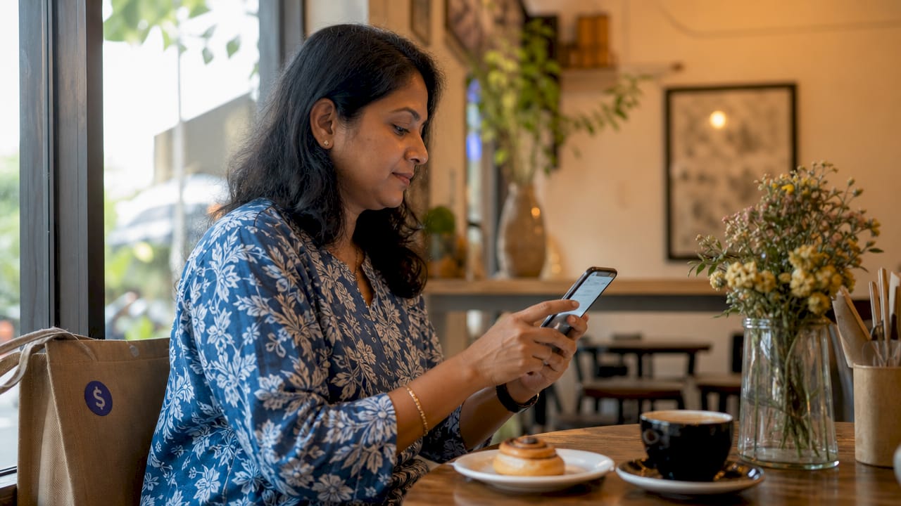 Woman checking money transfer exchange rates at home