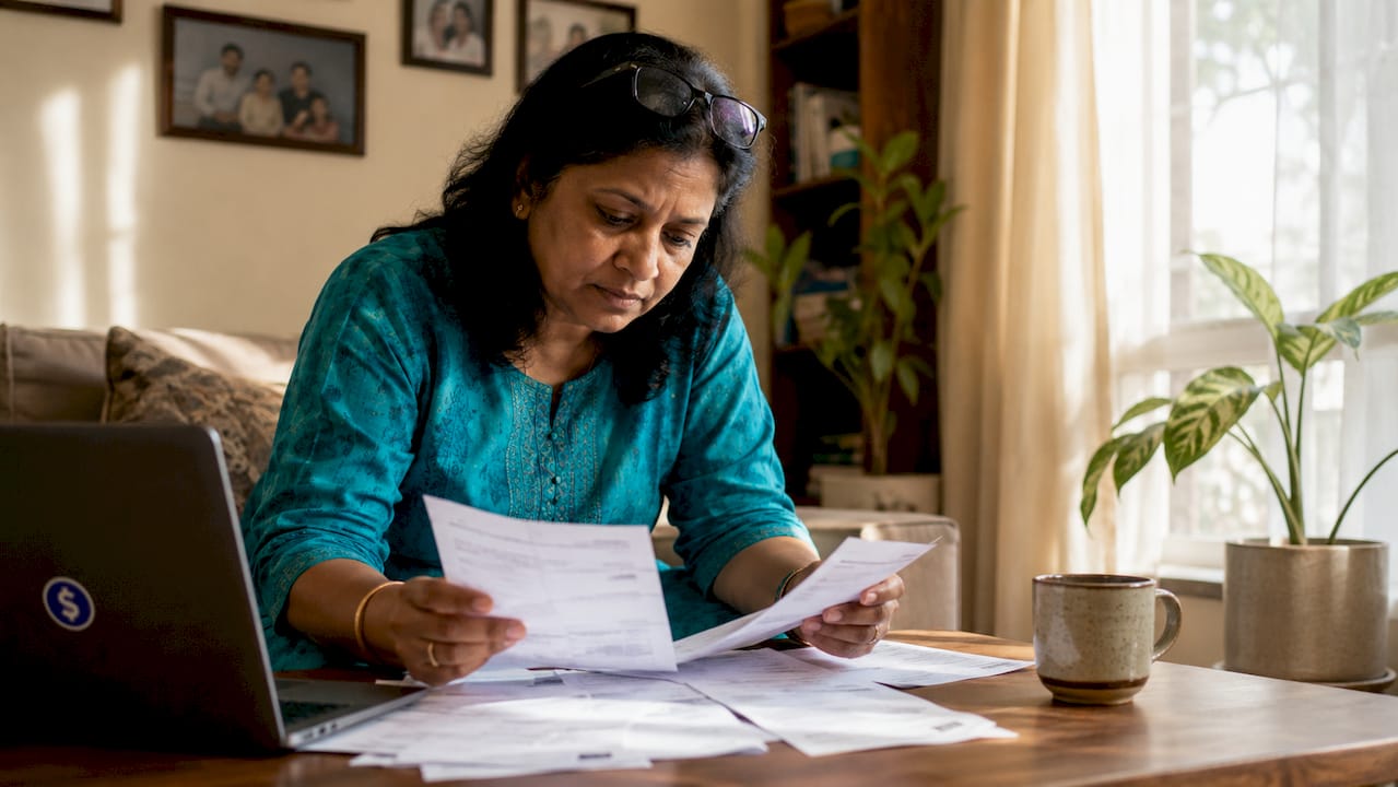 Woman reviewing international money transfer receipts