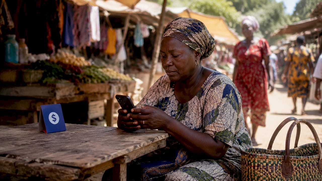 African woman sending remittance on smartphone