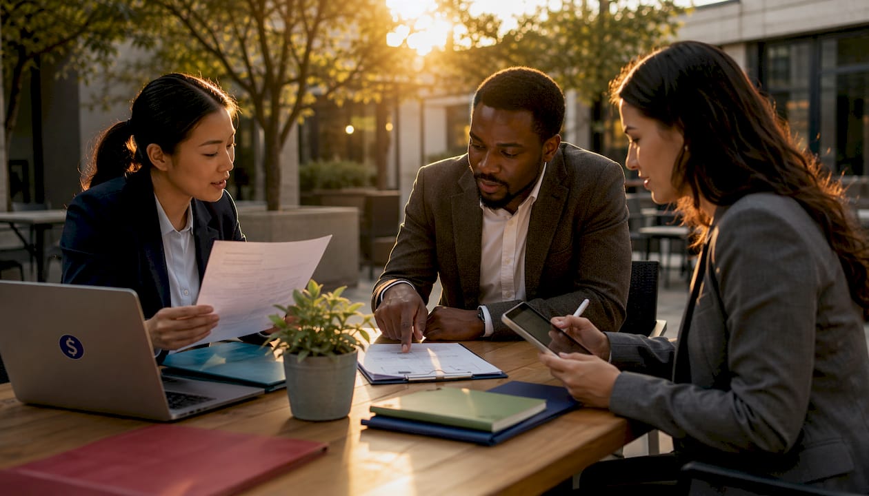 Hands reviewing AML and KYC compliance papers in meeting