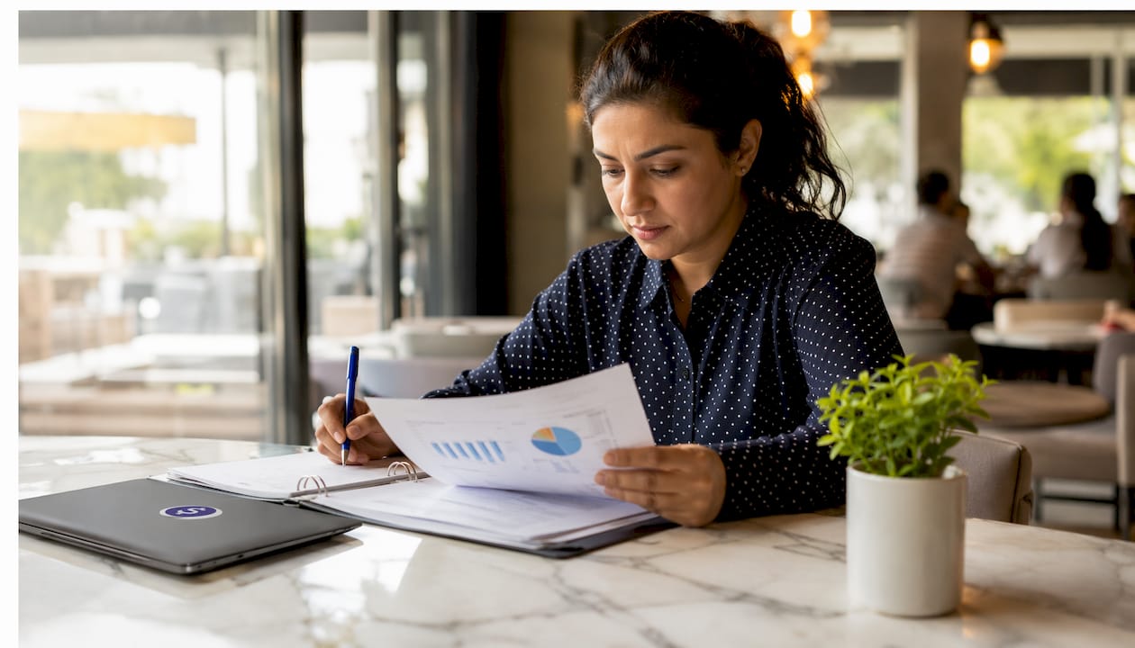 Woman reviewing remittance compliance documents at desk