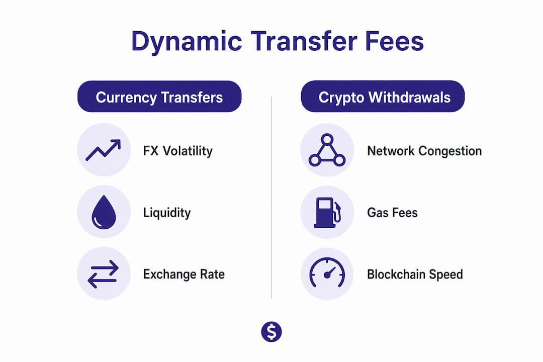 Infographic comparing currency and crypto dynamic transfer fees