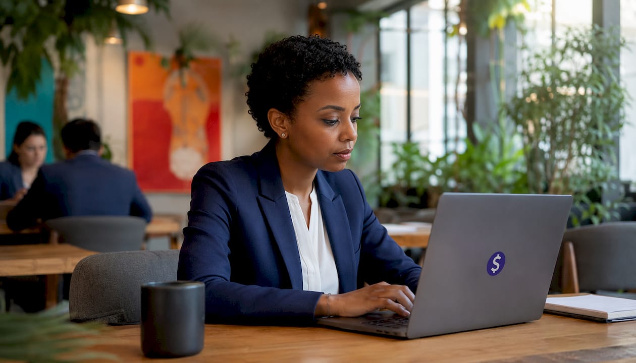 Financial analyst researching SWIFT GPI on laptop