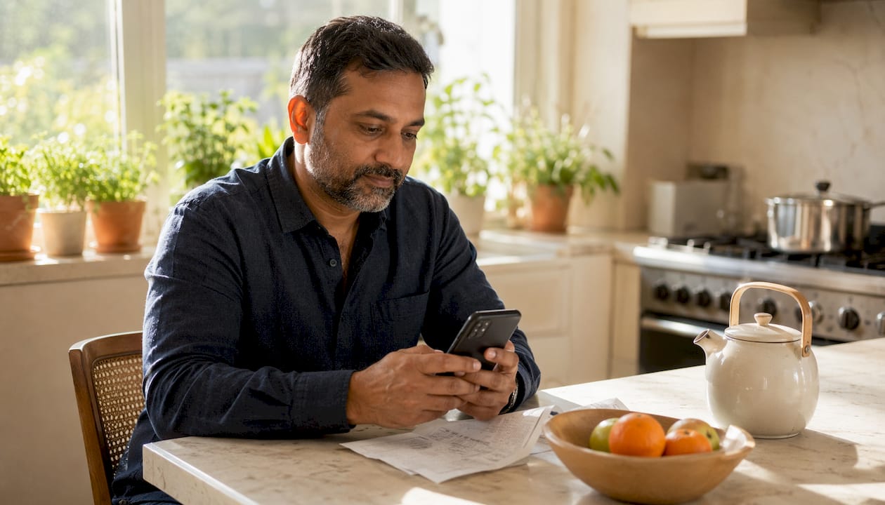 Man tracking international money transfer on phone