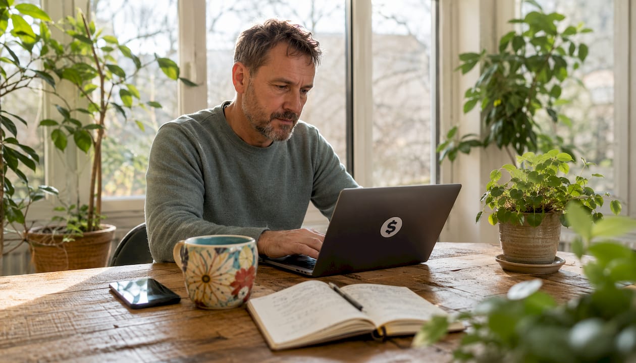 Man comparing U.S. money transfer services on laptop