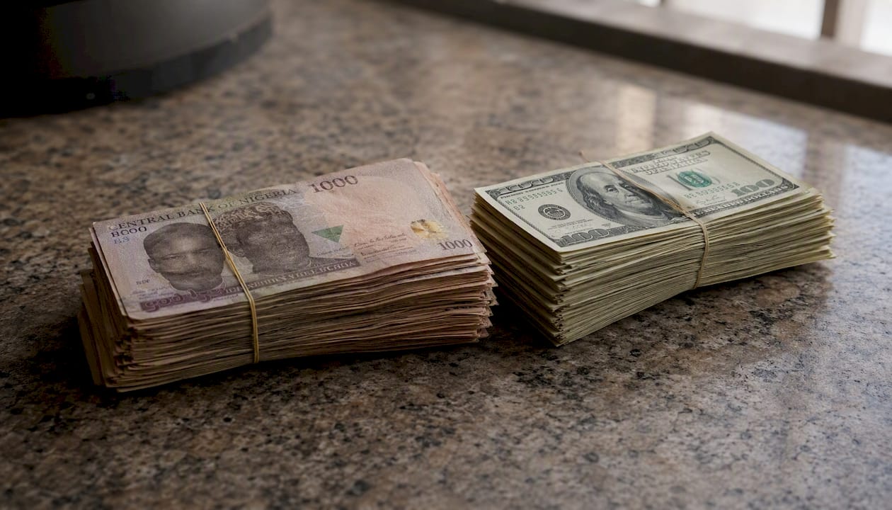 Close-up of Nigerian naira and US dollar bills
