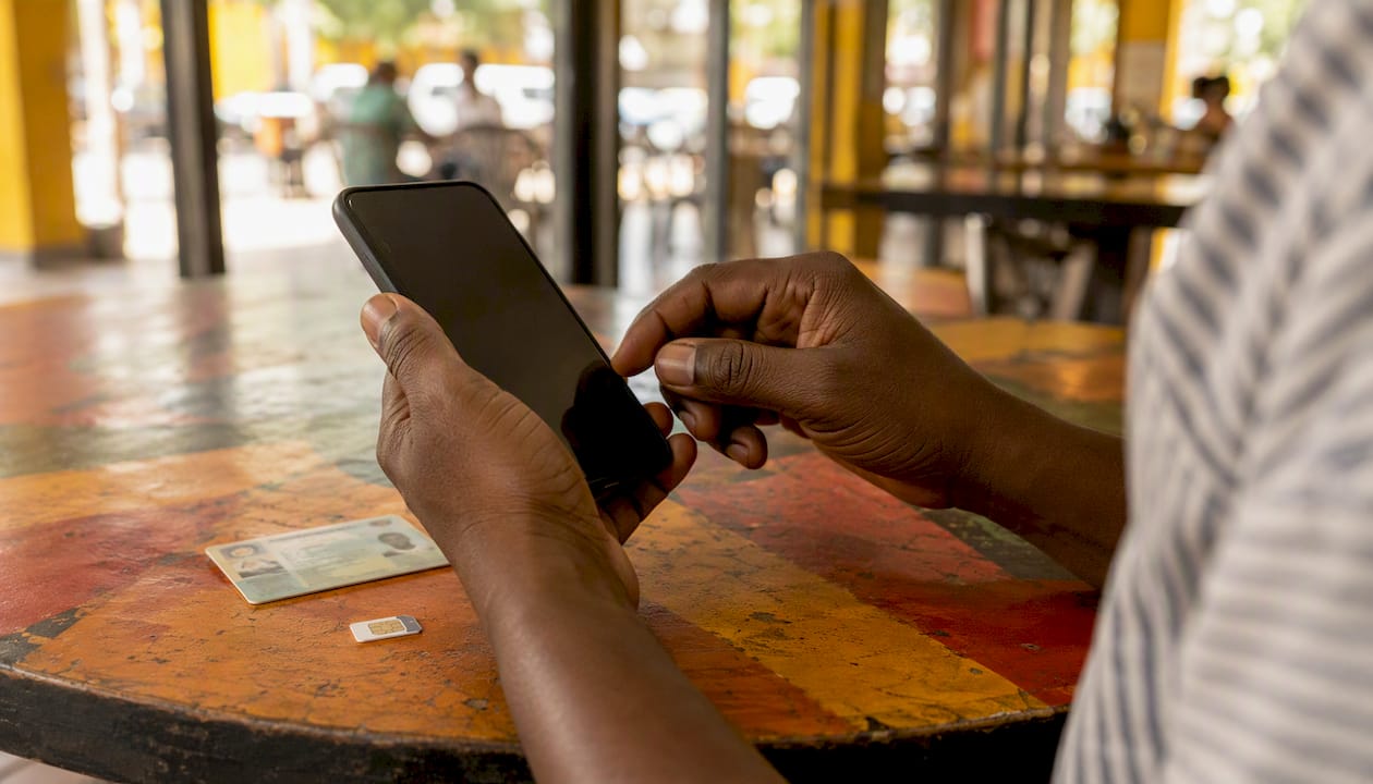 Hands holding phone and Ghana Card on table