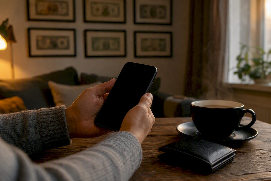 Hands holding smartphone with dark screen near coffee