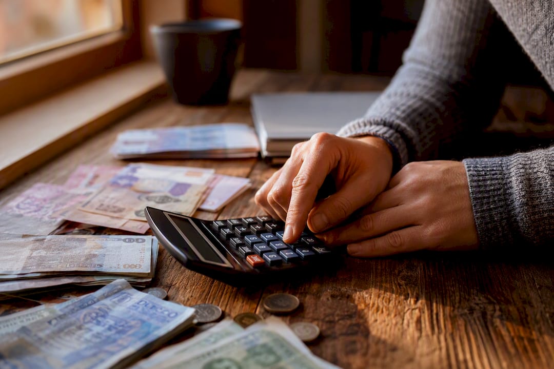 Hands using calculator with cash and coins nearby