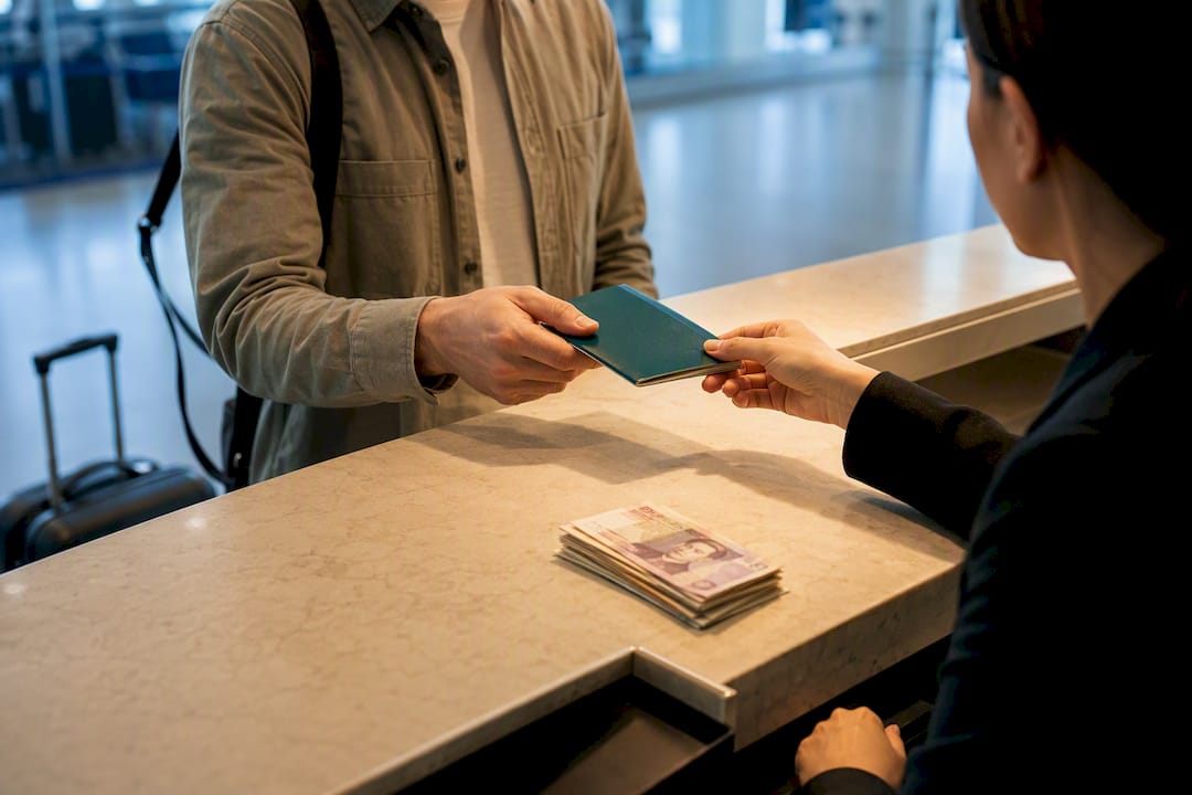 Traveler presenting ID at cash pickup counter