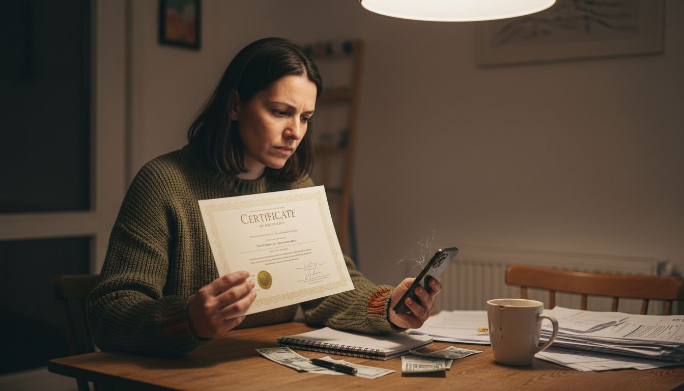 Woman verifying Badal Umrah certificate authenticity