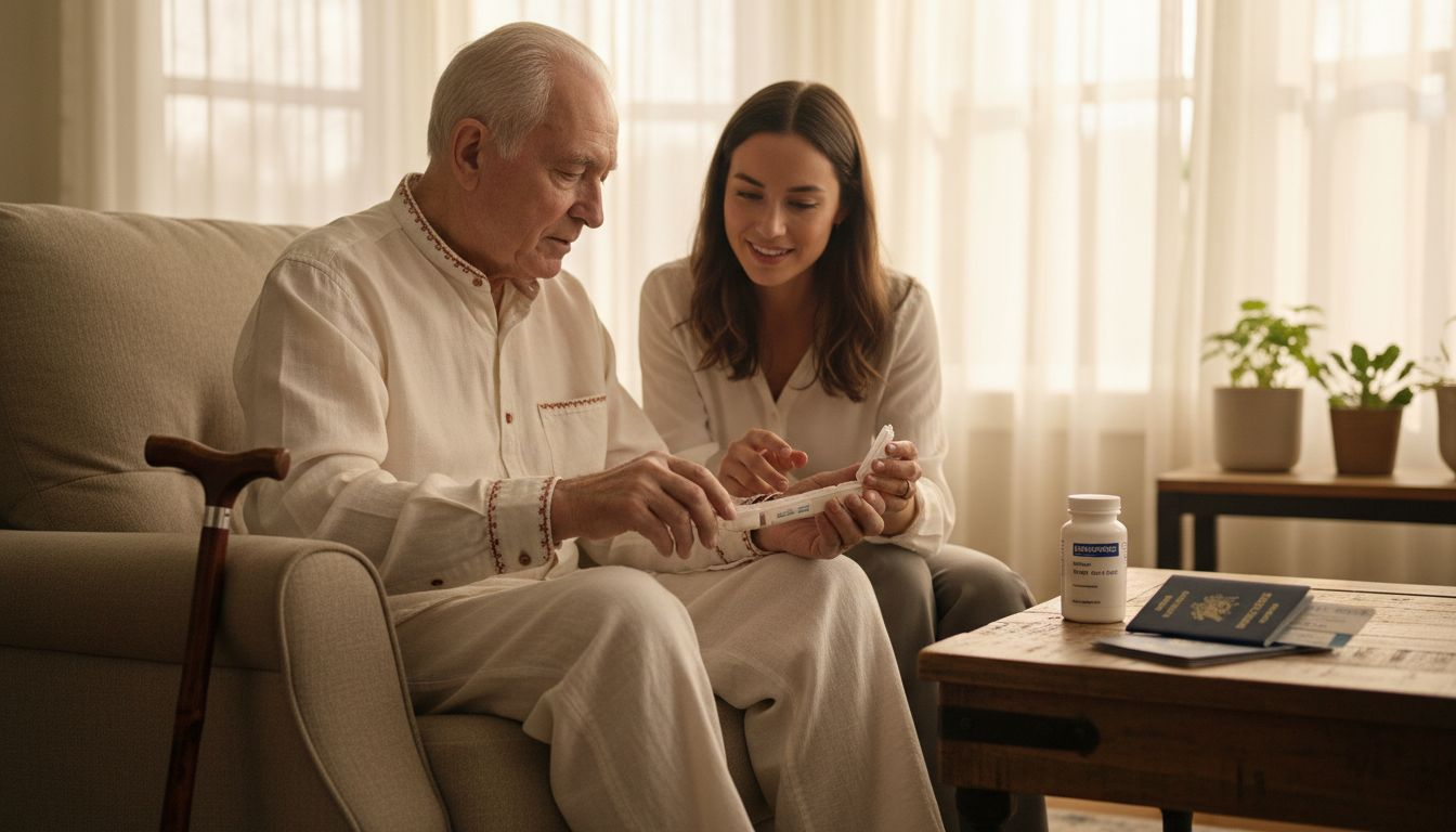 Elderly man prepares medication for Umrah trip