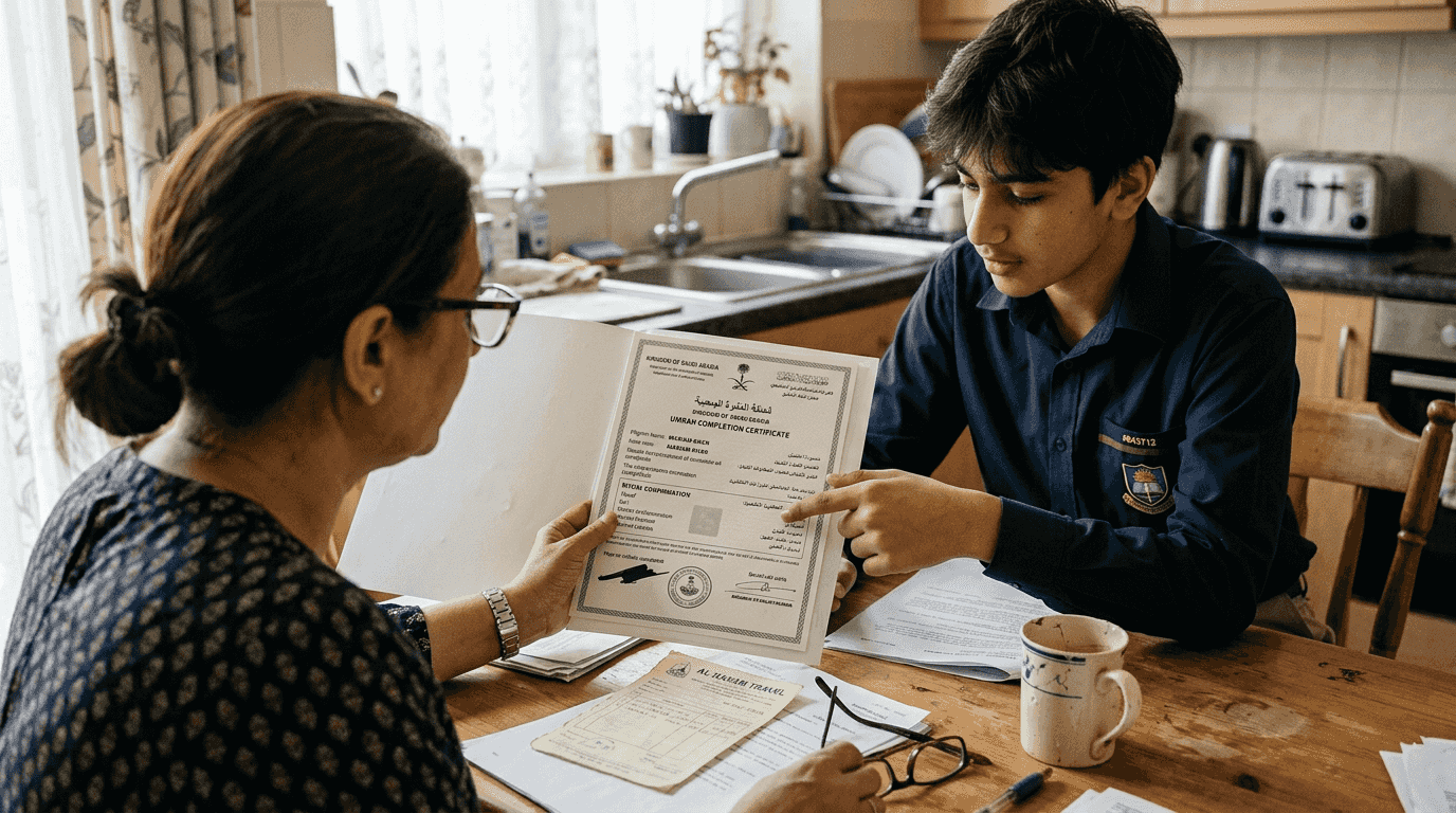 Family reviewing Umrah completion certificate together