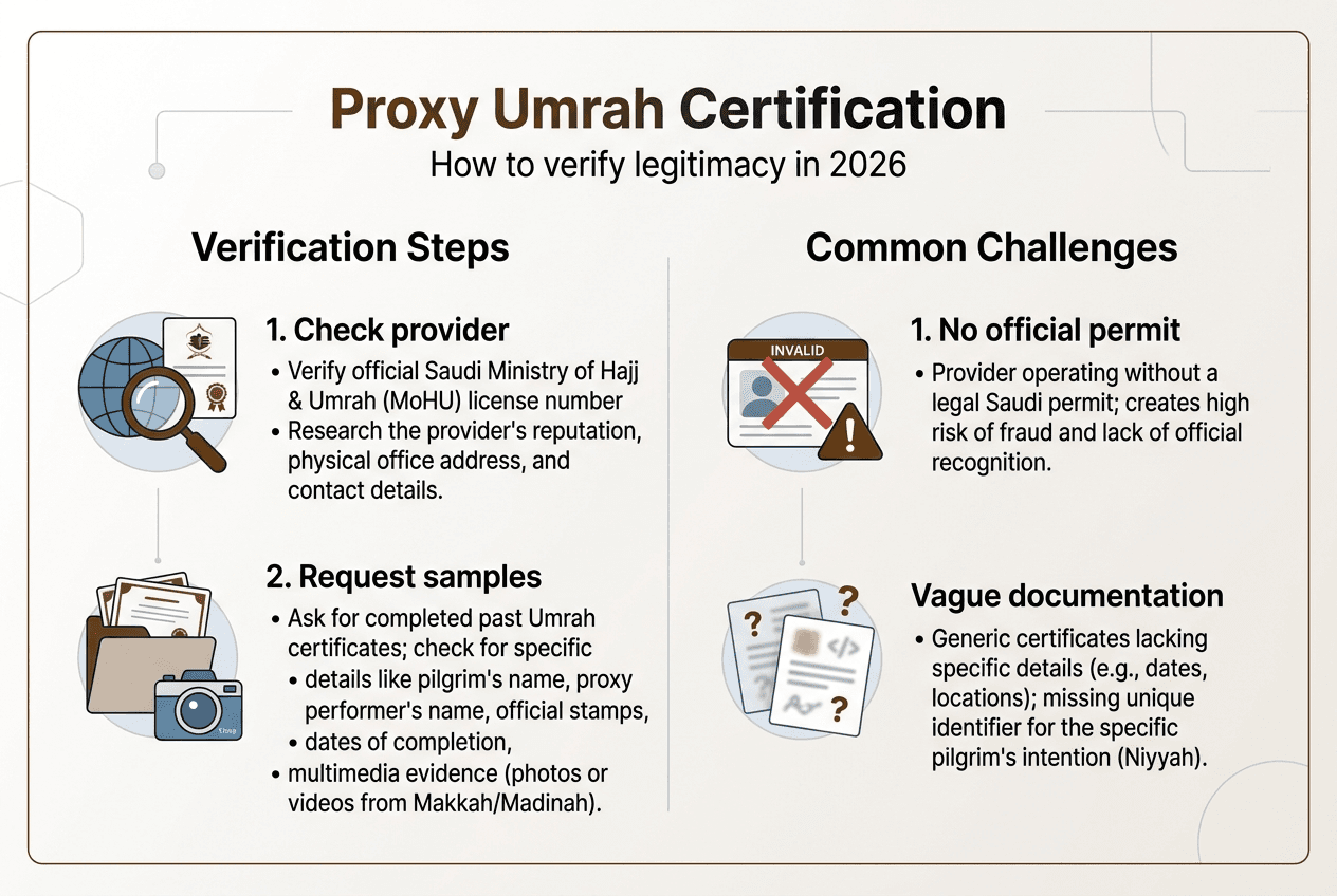 Infographic showing proxy Umrah verification steps and challenges
