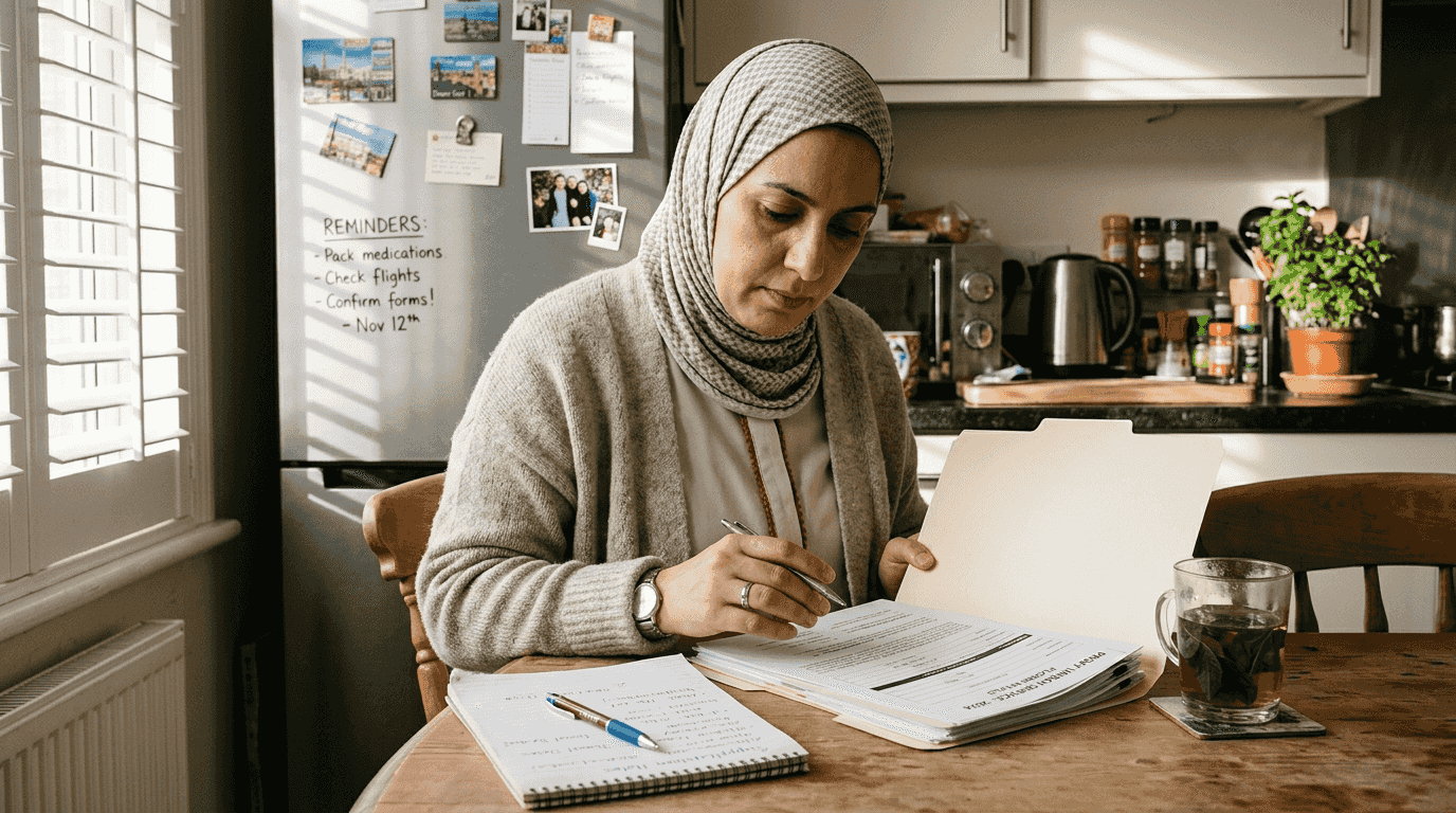 Woman organizing proxy Umrah paperwork in kitchen