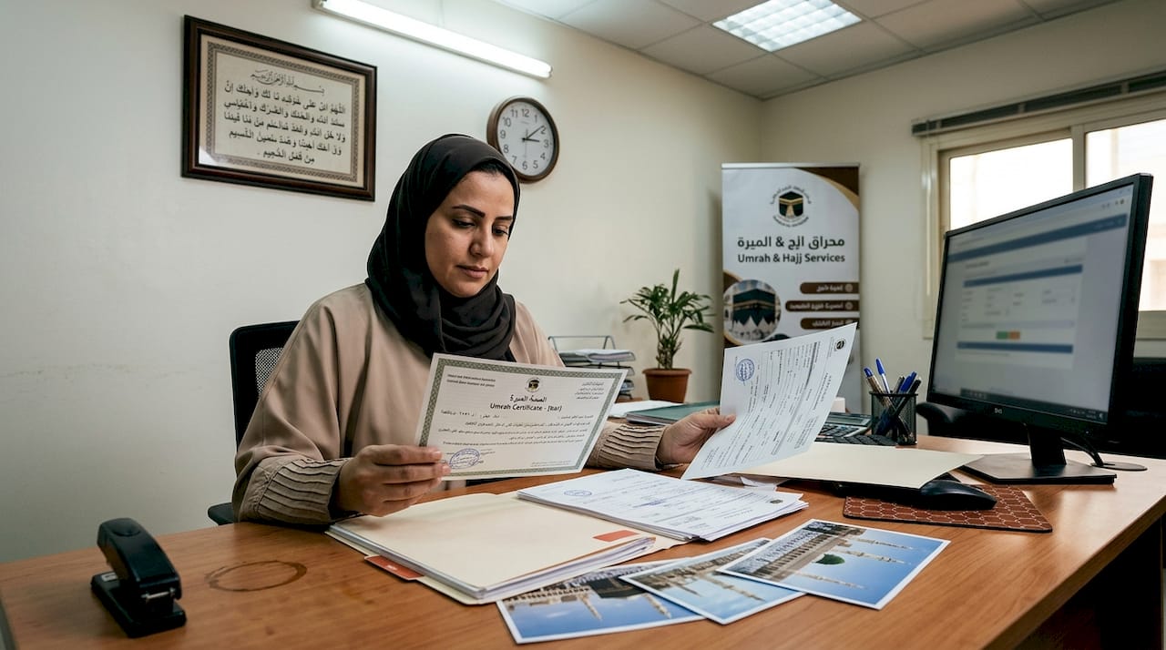 Travel agent reviewing Umrah package certificates