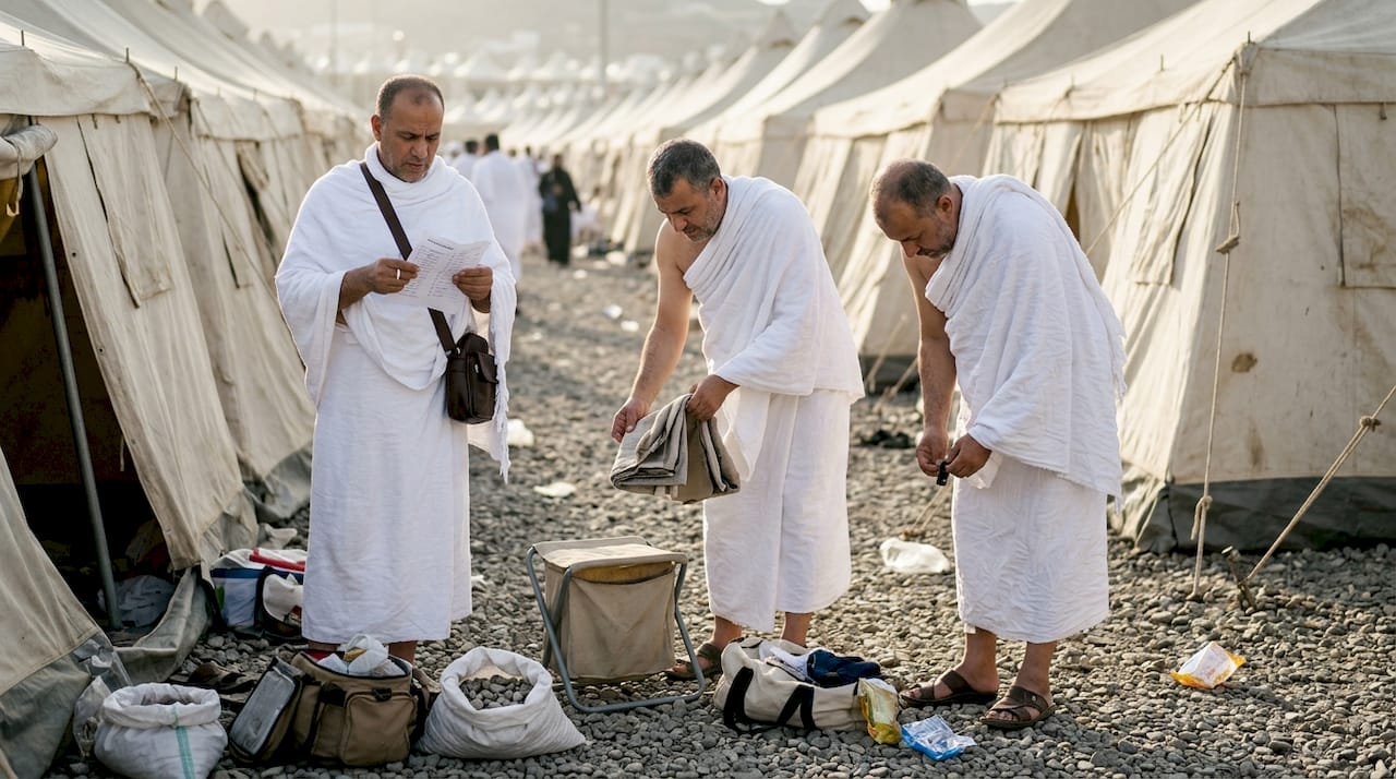 Pilgrims preparing Hajj stoning ritual at Mina