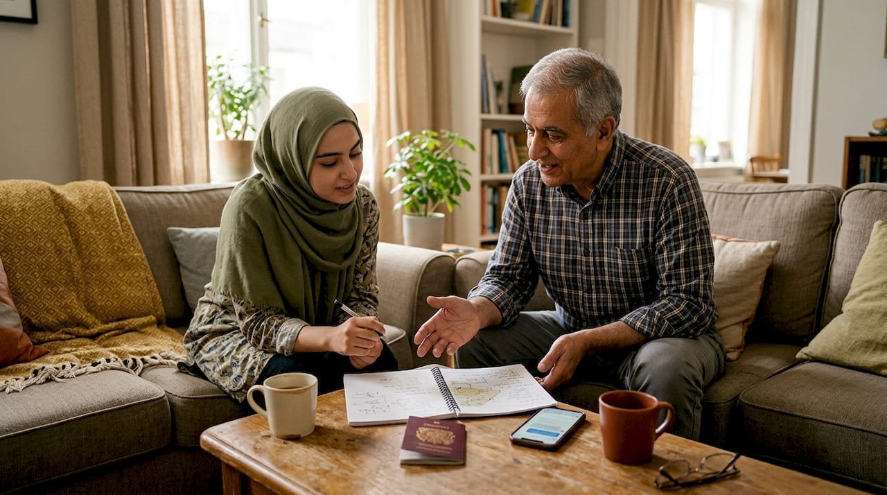 Two people discussing Umrah plans in living room