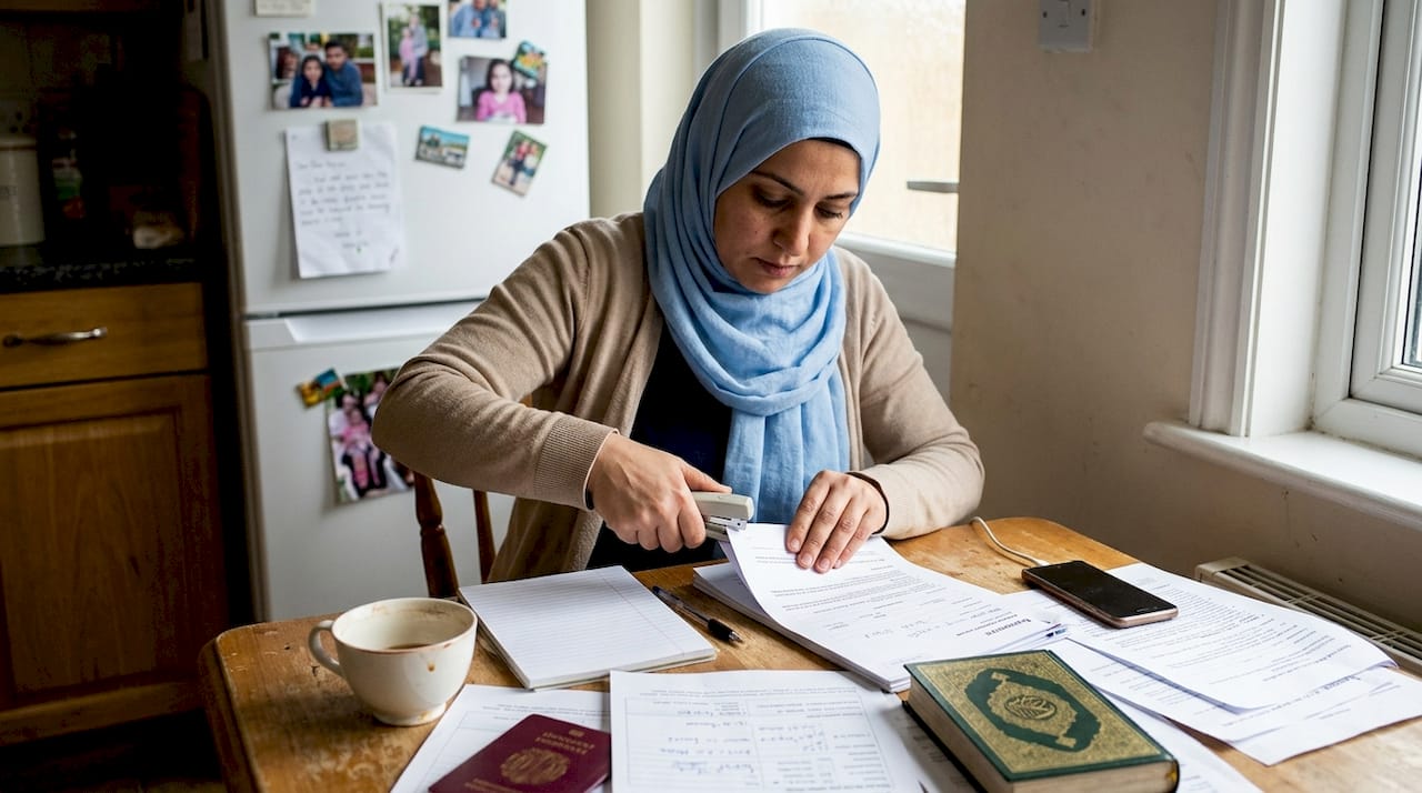 Woman organizing Umrah travel documents at kitchen table