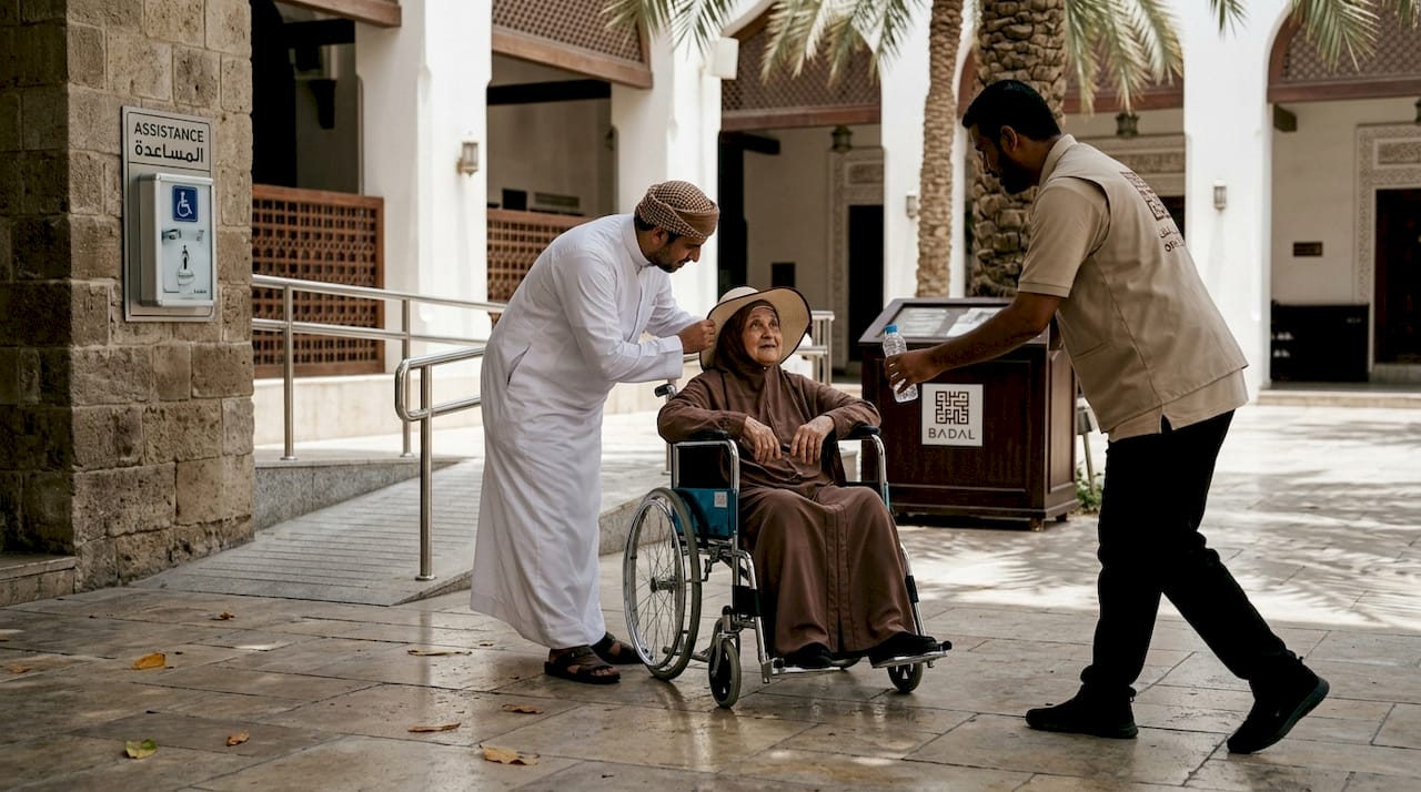 Elderly pilgrim assisted with wheelchair outside mosque