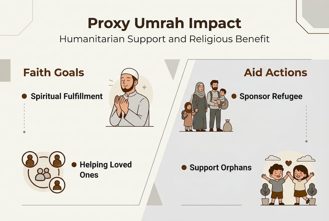 Infographic showing proxy Umrah and aid actions