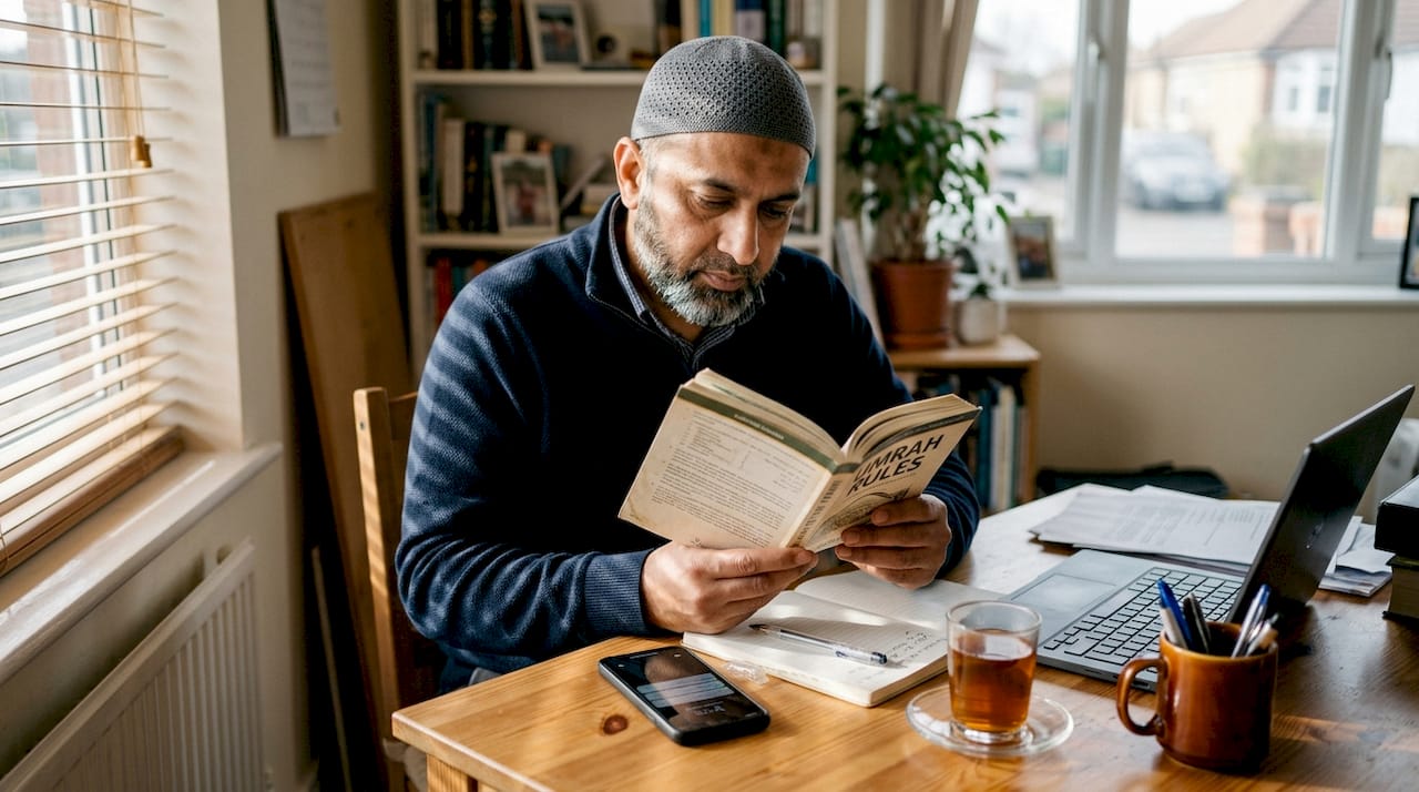 Man in home office reading Umrah guideline