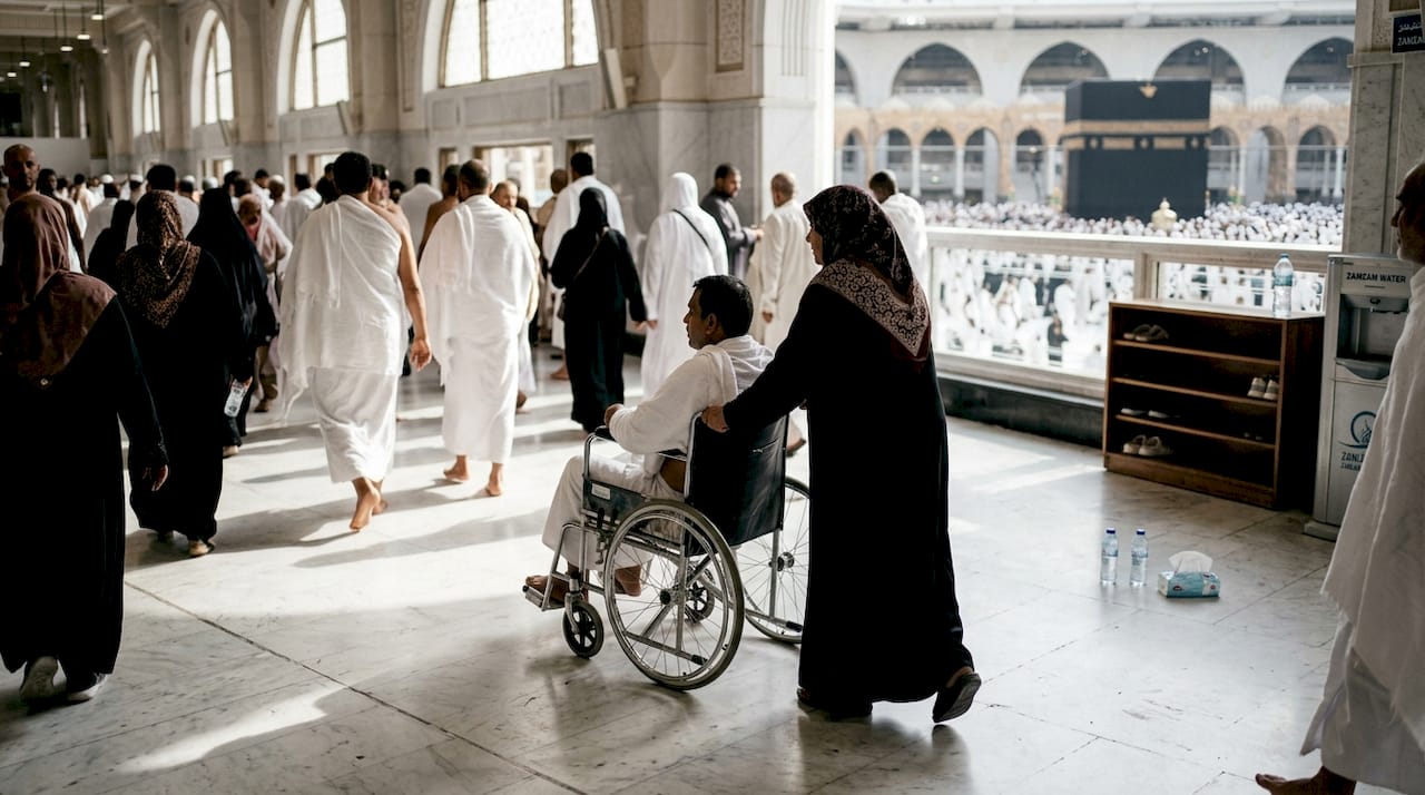 Pilgrims circling Kaaba including wheelchair user