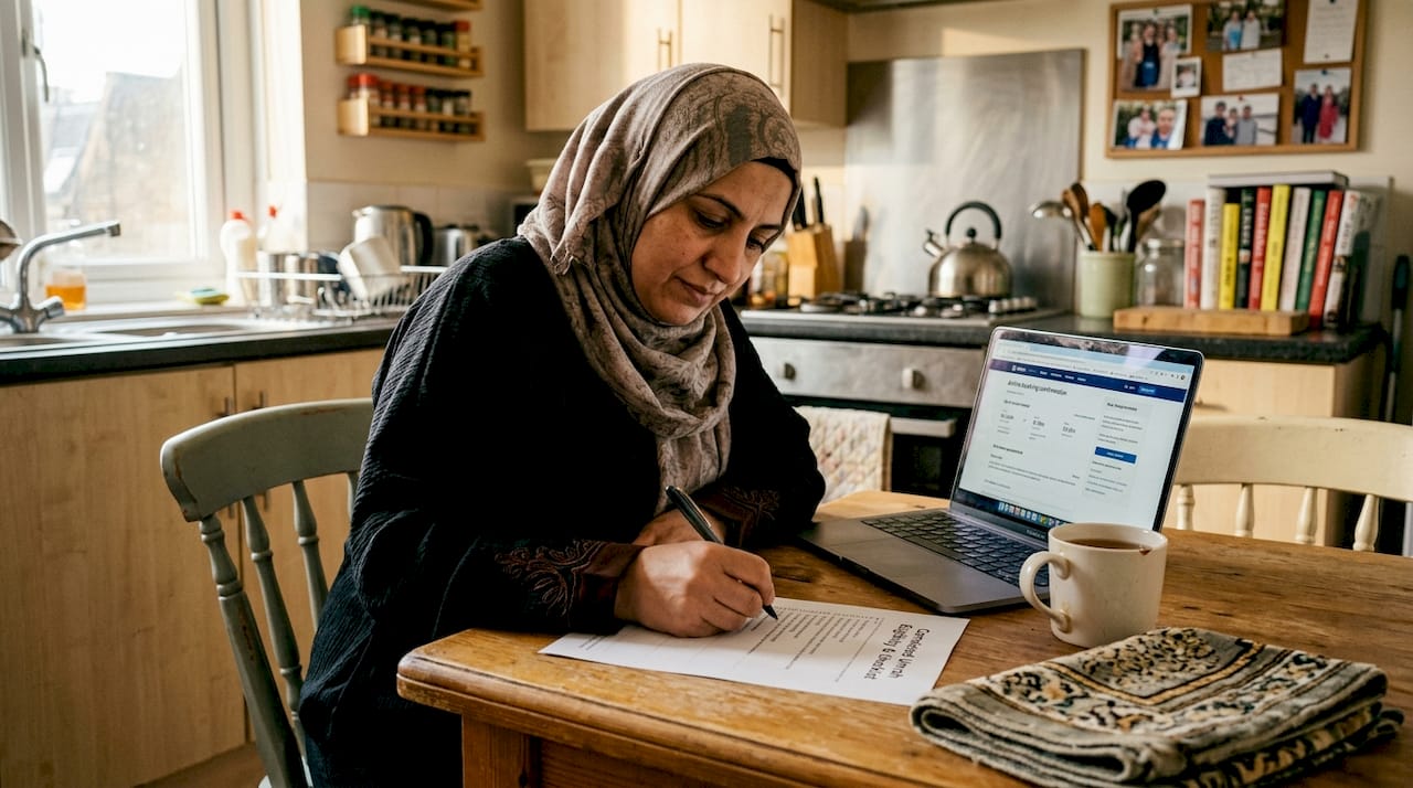 Woman verifying Umrah proxy eligibility checklist