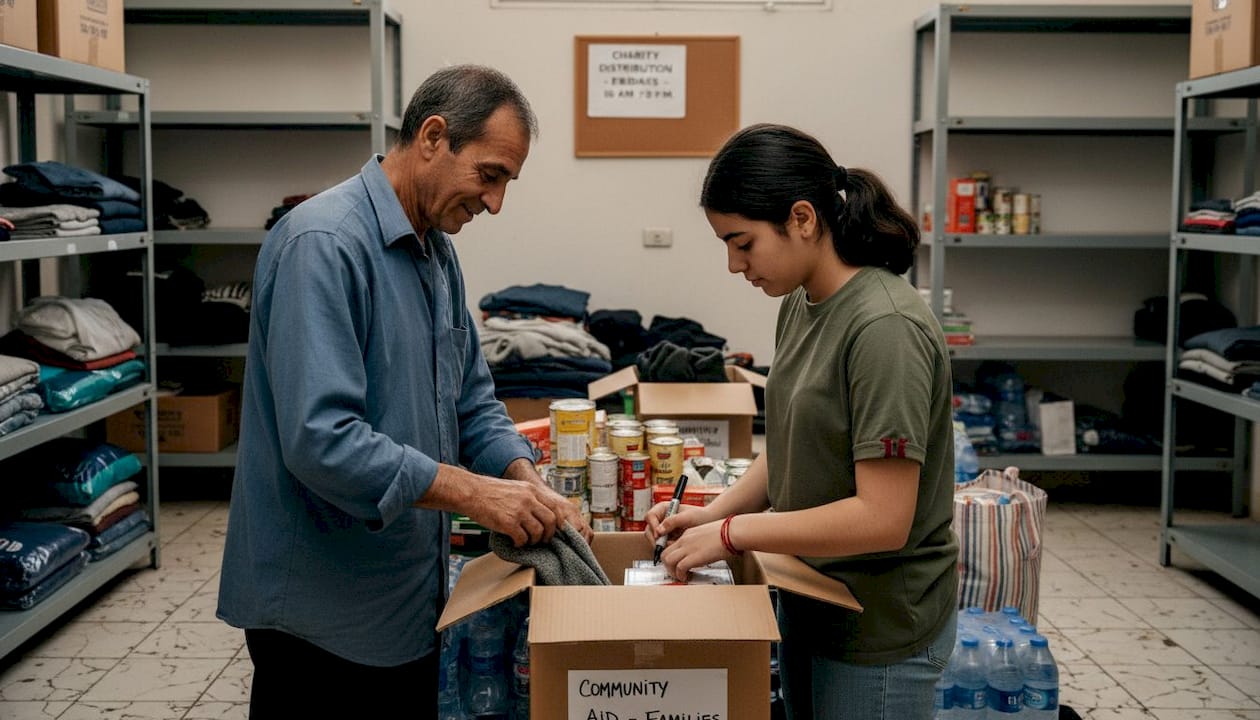Volunteers organizing charity donations at mosque