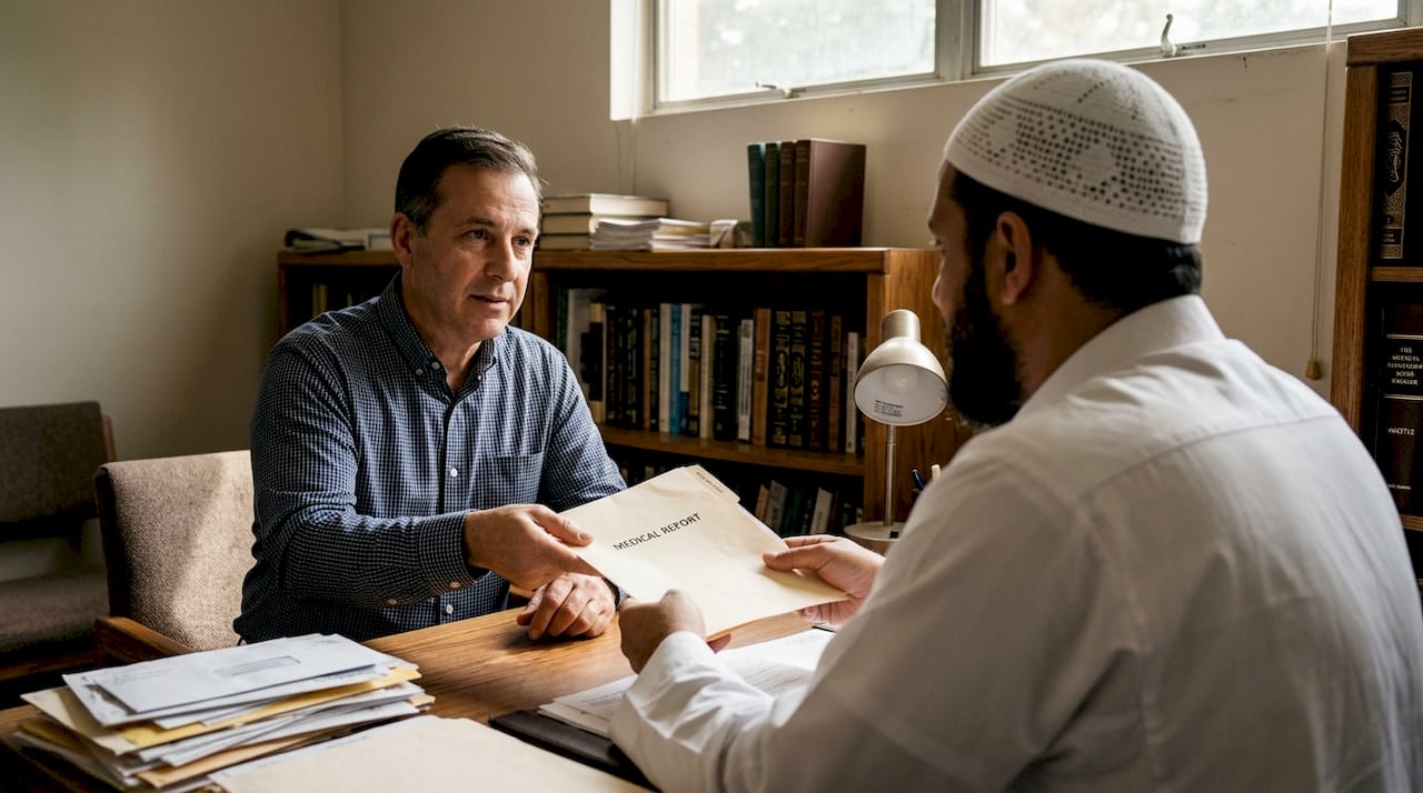 Person consulting scholar about Umrah eligibility