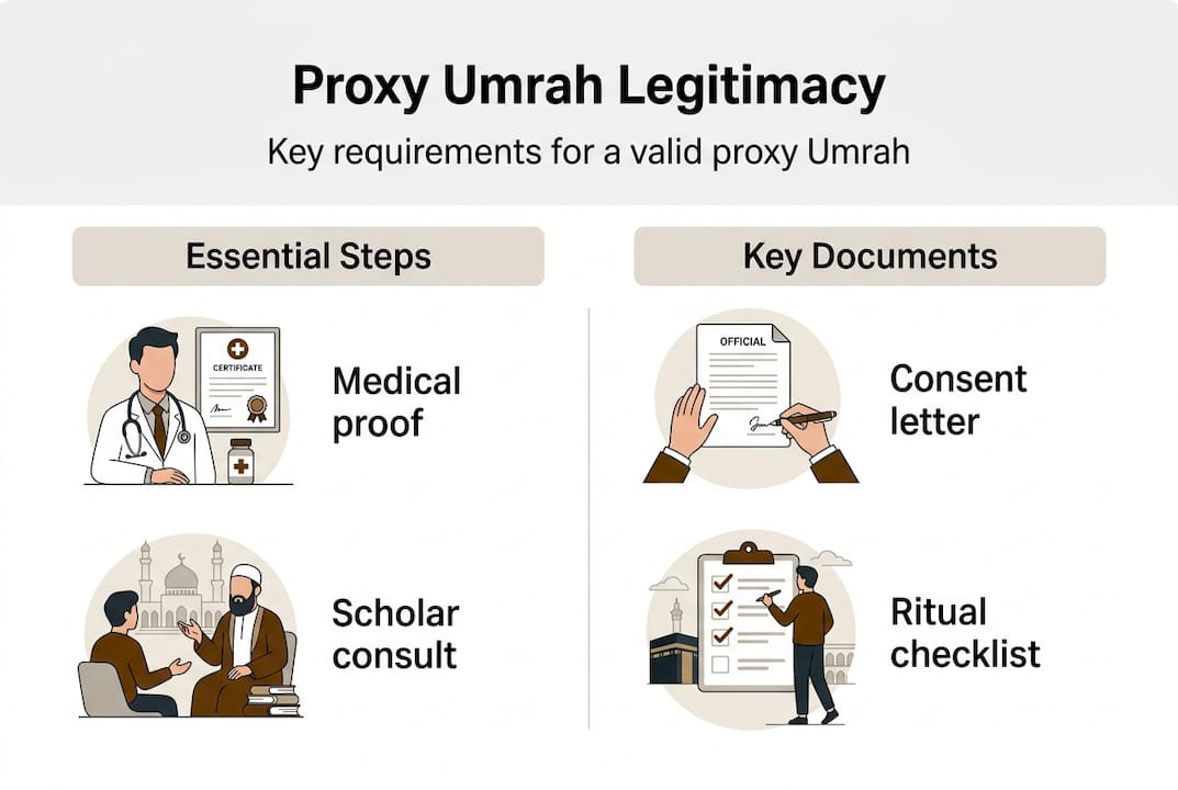 Infographic showing proxy Umrah legitimacy steps and documents