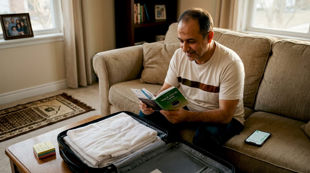 Man preparing Umrah Badal documents at home