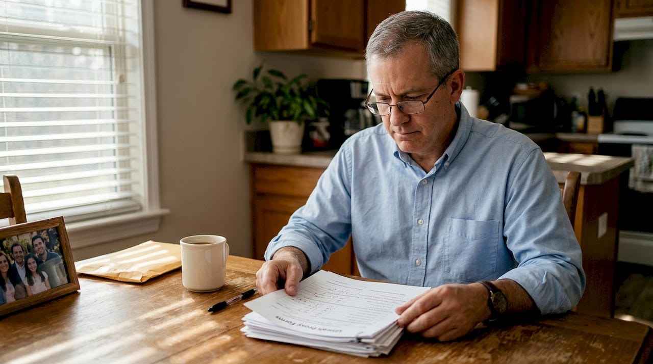 Man reviews Umrah proxy forms at home table