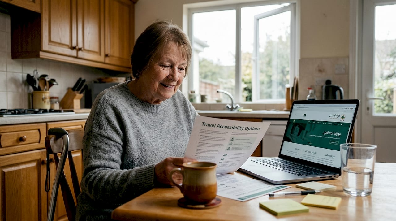 Older woman plans accessible Umrah trip at kitchen table