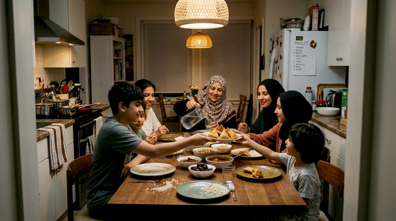 Family sharing iftar meal during Ramadan
