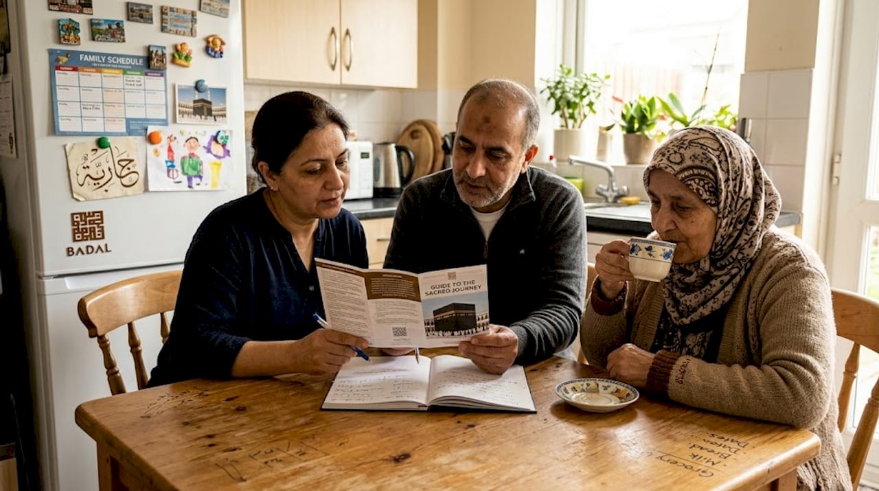 Family reviewing Umrah guide at kitchen table