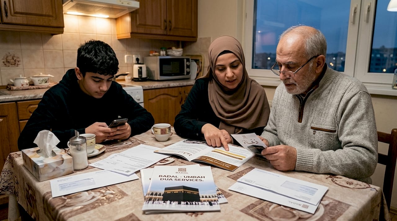 Family reviewing Umrah donation brochures together
