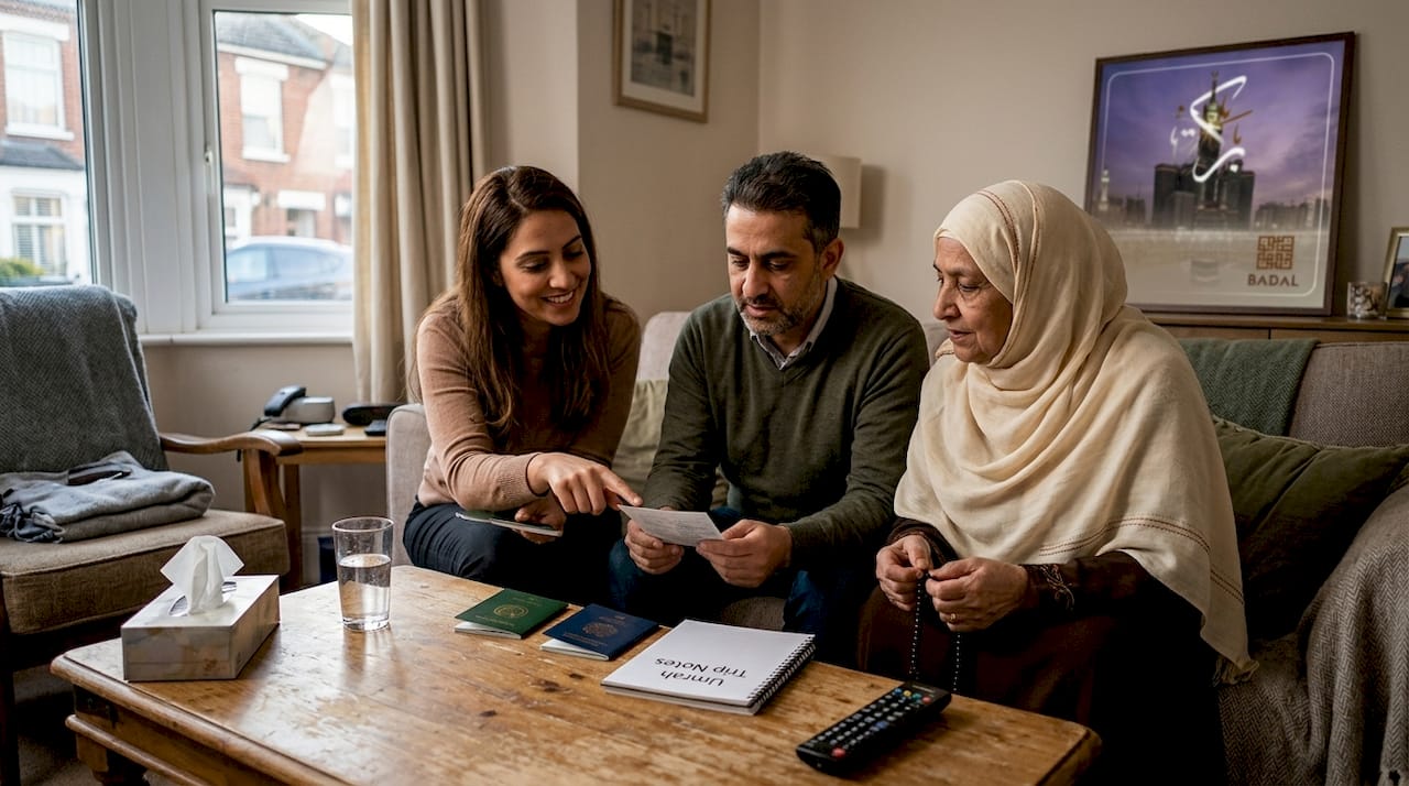 Family discussing proxy Umrah arrangements