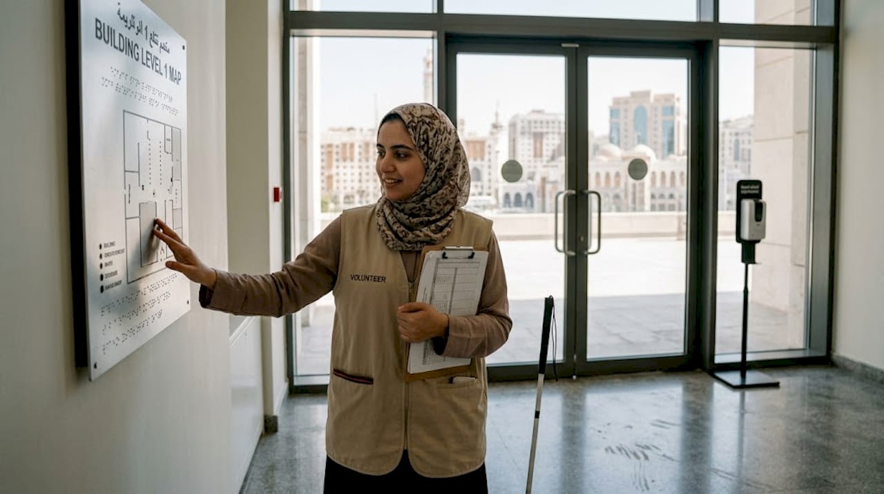 Volunteer guides visually impaired Umrah pilgrim
