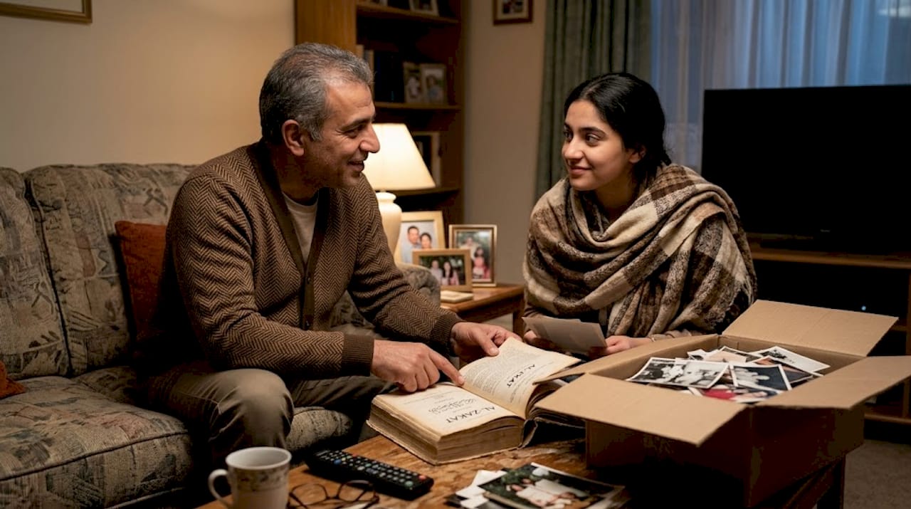 Family discussing charity donations on sofa