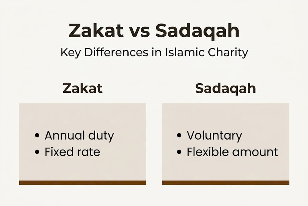 Infographic comparing Zakat and Sadaqah rules