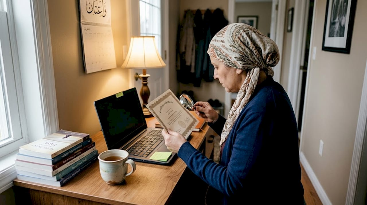 Woman verifying religious certificate in home office